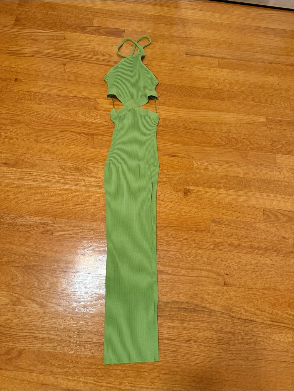 Zara Bright Lime Green Ribbed Cutout Maxi Dress